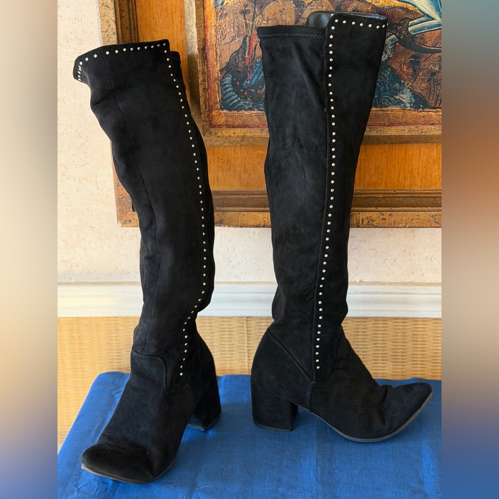 Seven Dials Black Suede Over-the-Knee Boots w/Silver Stud Details